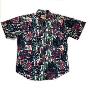 Woolrich Short Sleeve Shirt 100% Cotton Polynesian Hawaiian Ethnic Retro Vibe